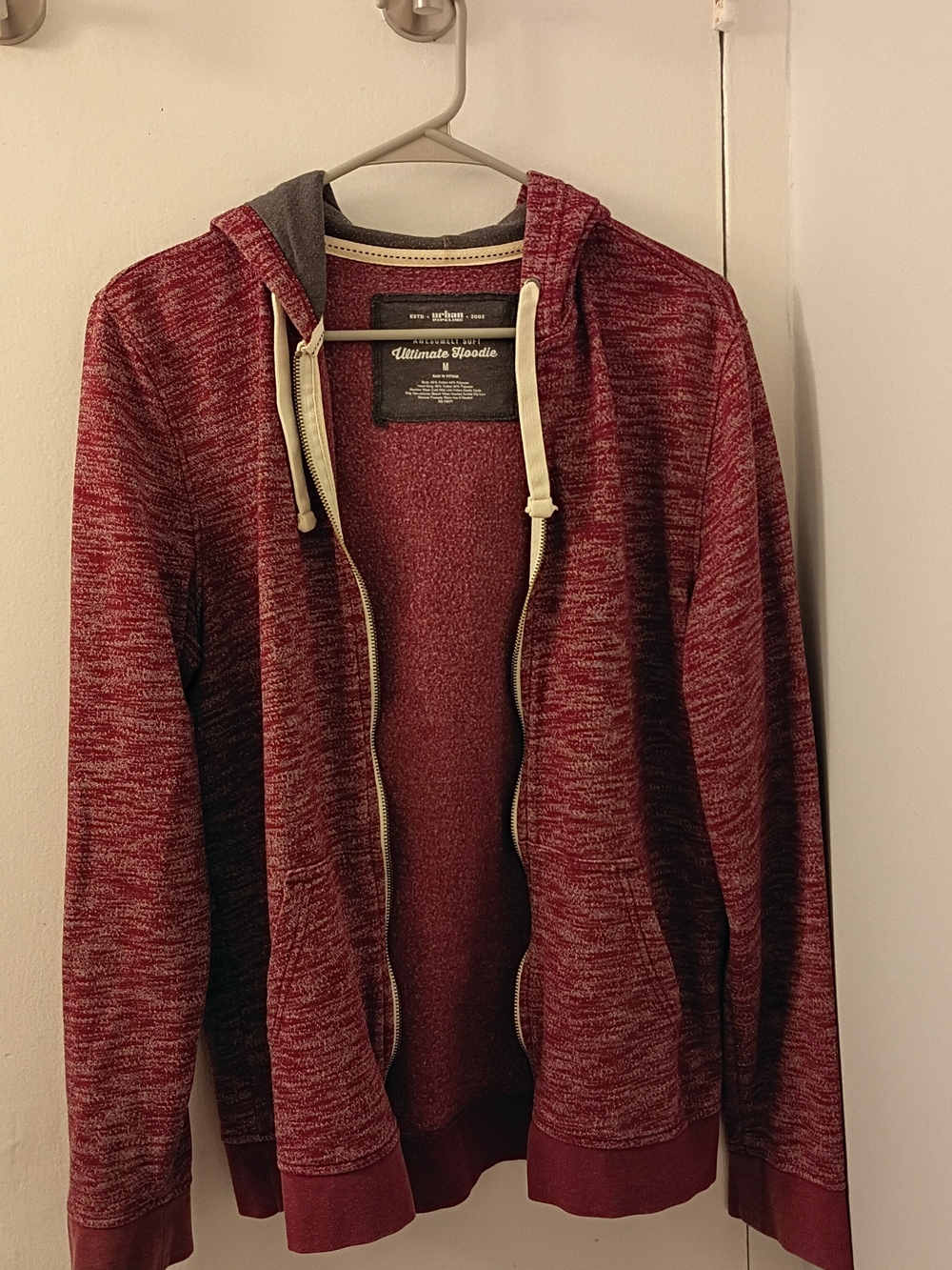 urban pipeline Men's Marled Maroon Zip-Up Cotton Blend Hoodie Size M